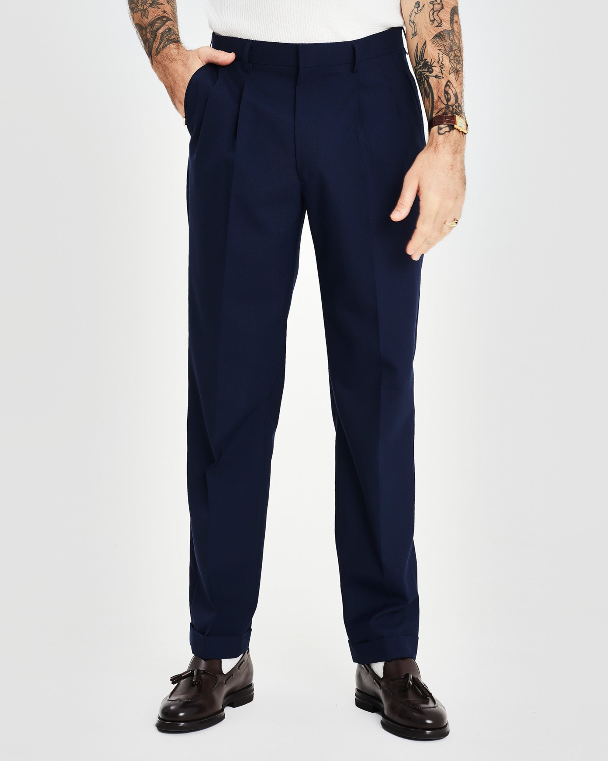 Pleated Tailored Pant - Navy