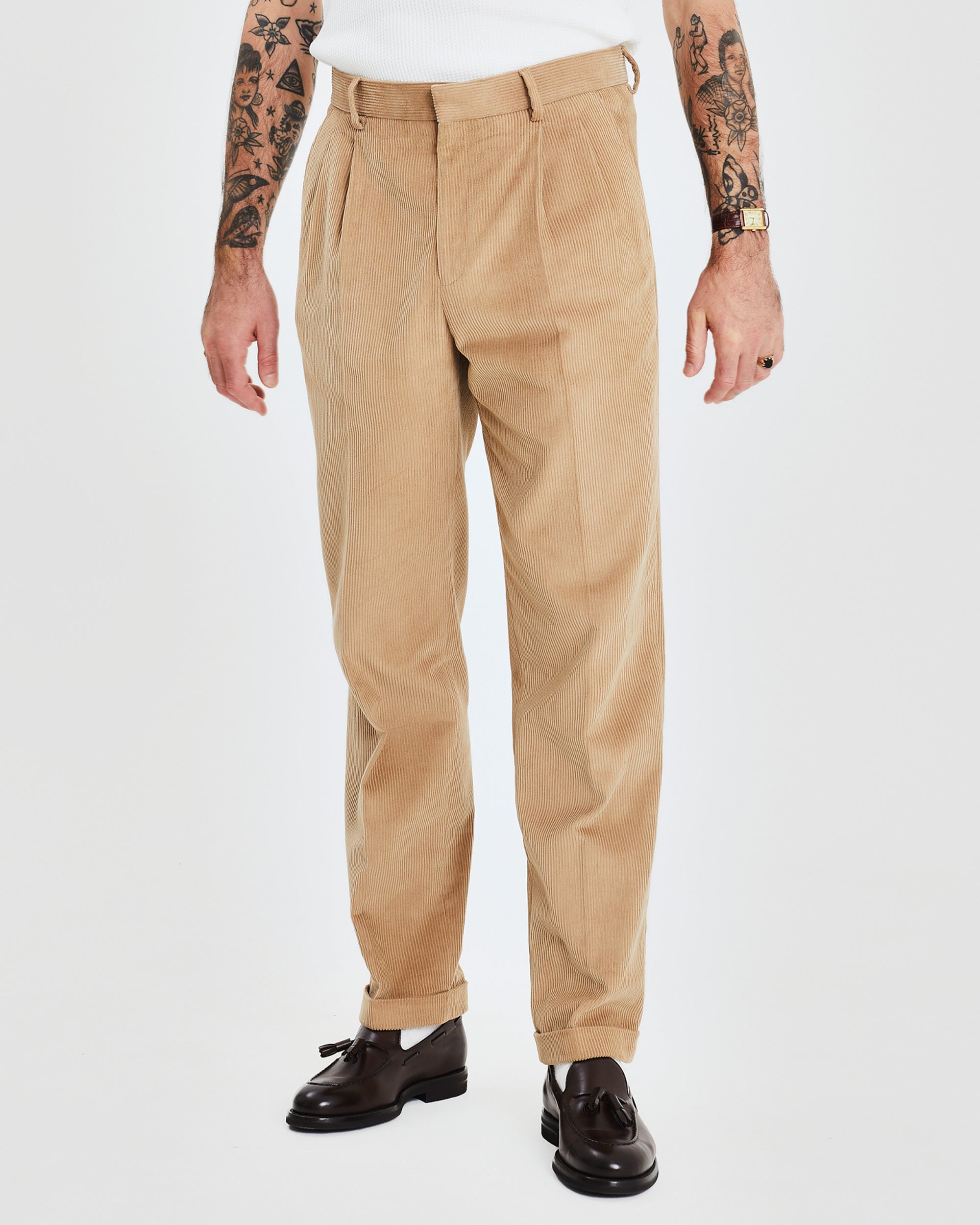 Pleated cord pant - Beige