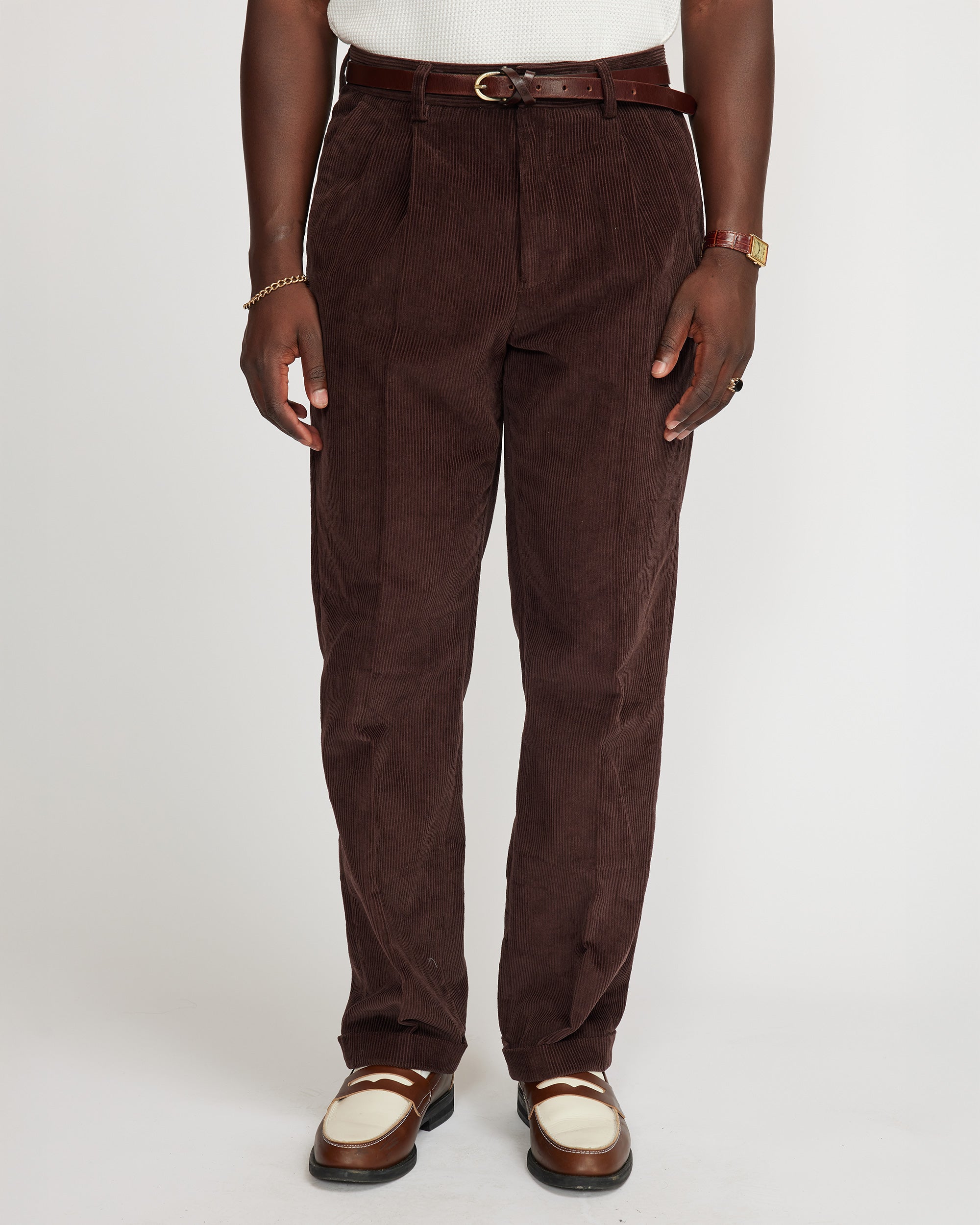 Cord pleated pants - Brown