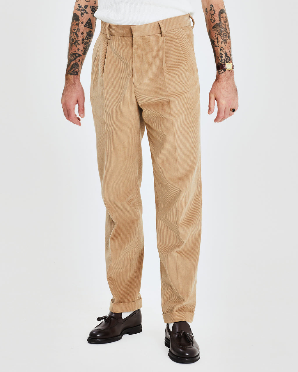 Pleated cord pant - Beige