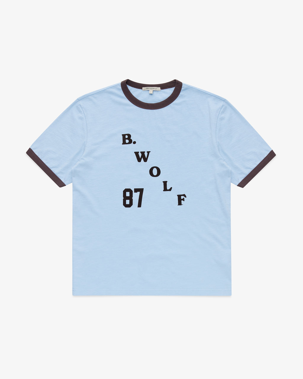 Brotherwolf Flock You Tee in baby blue with brown ringer trims, front view