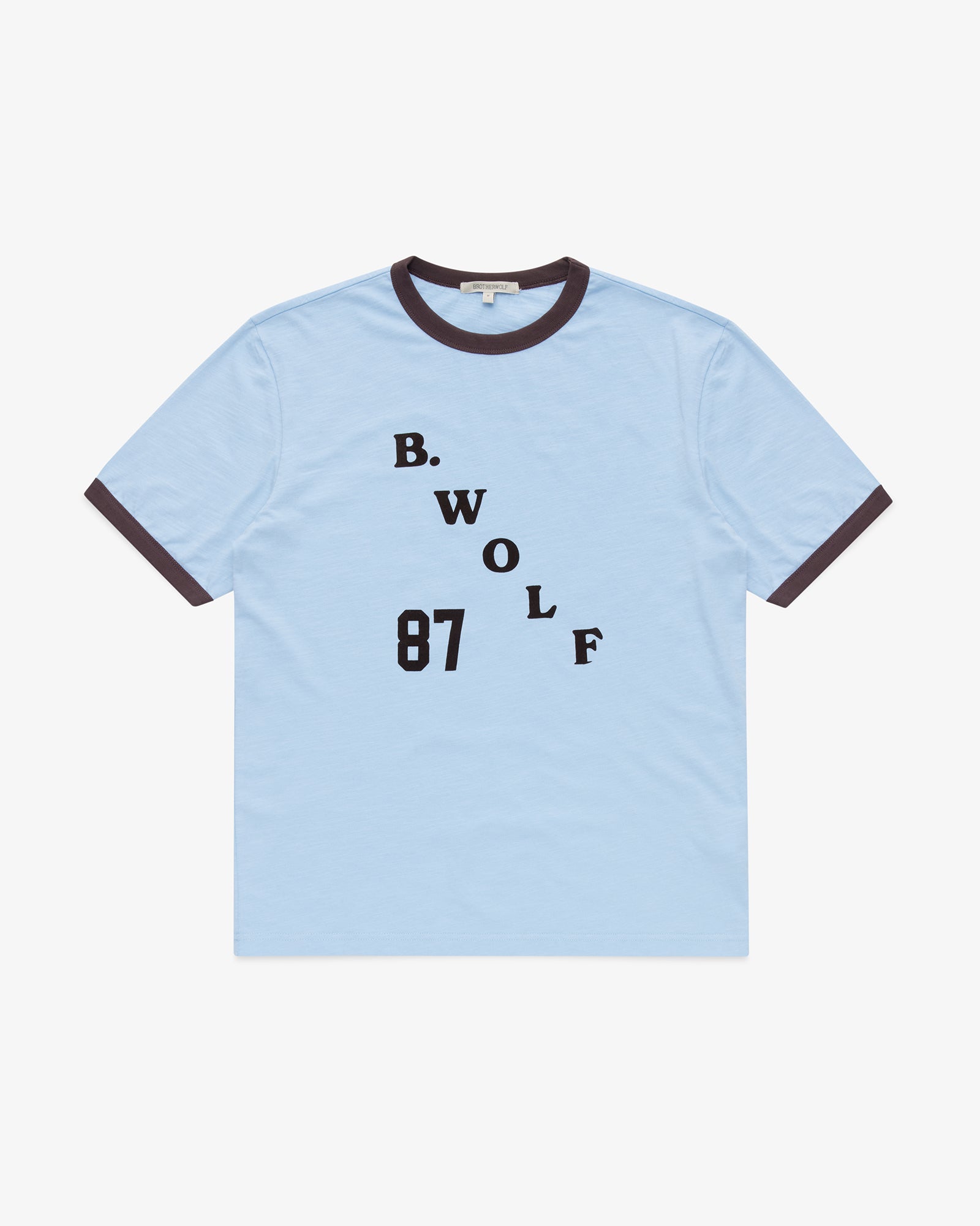 Brotherwolf Flock You Tee in baby blue with brown ringer trims, front view