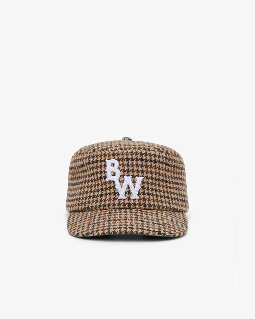 Brotherwolf Pillbox Cap in brown and tan wool houndstooth, front view