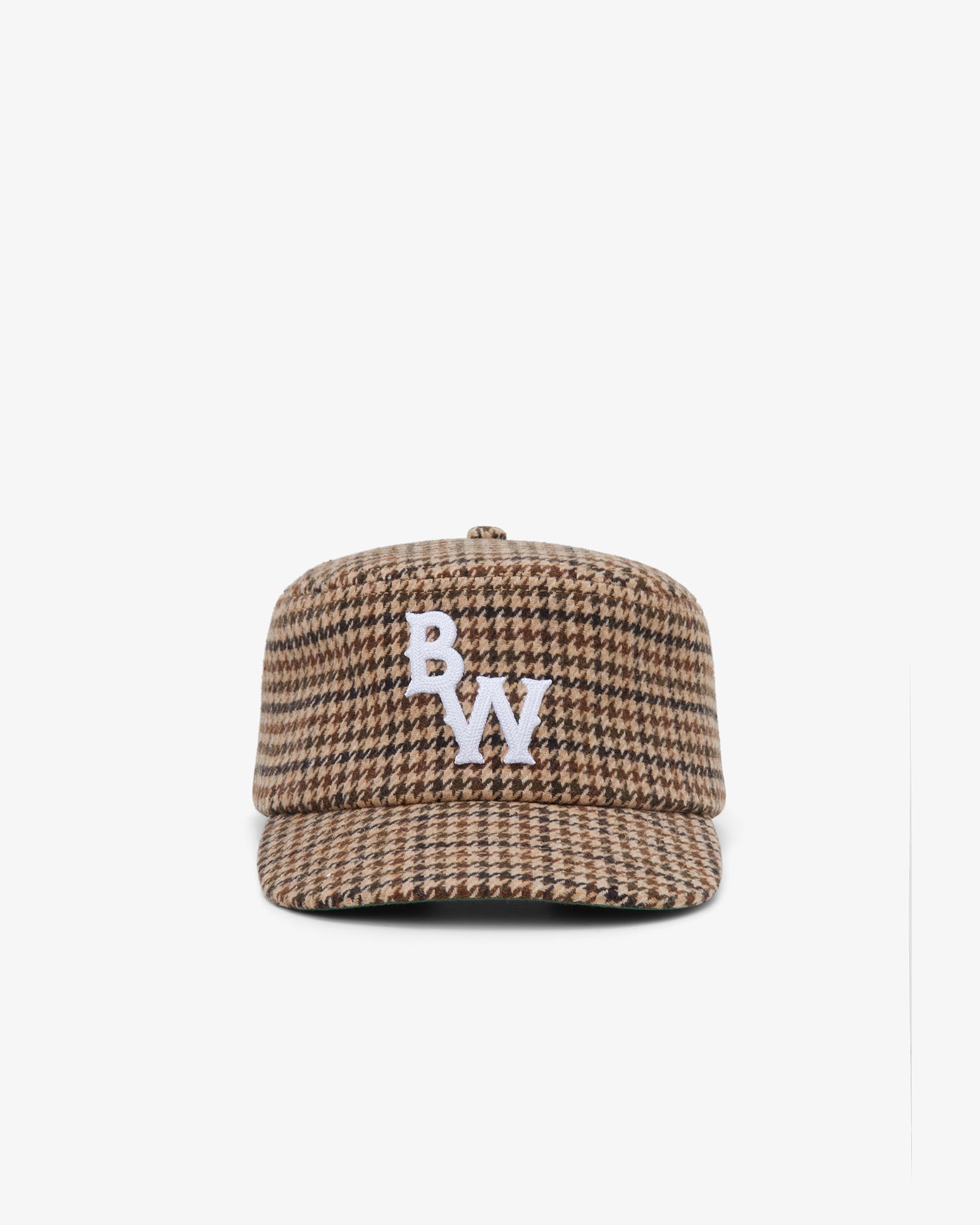 Brotherwolf Pillbox Cap in brown and tan wool houndstooth, front view