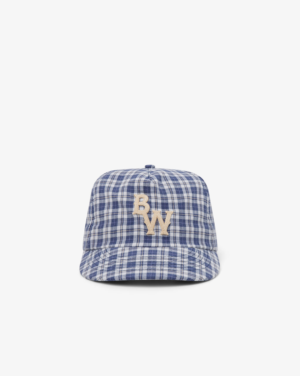 Brotherwolf Caddy Cap in blue and off-white tartan, front view