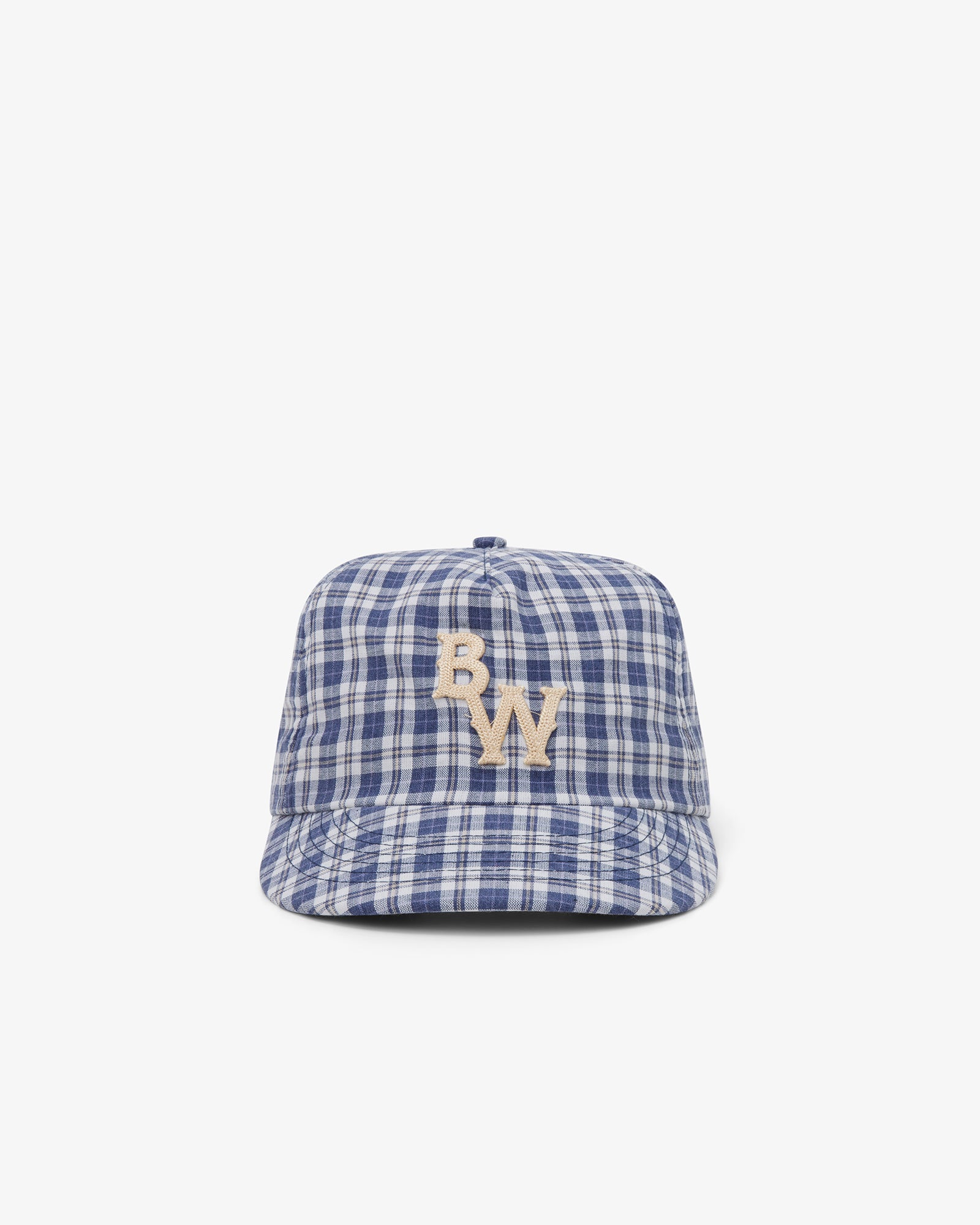 Brotherwolf Caddy Cap in blue and off-white tartan, front view