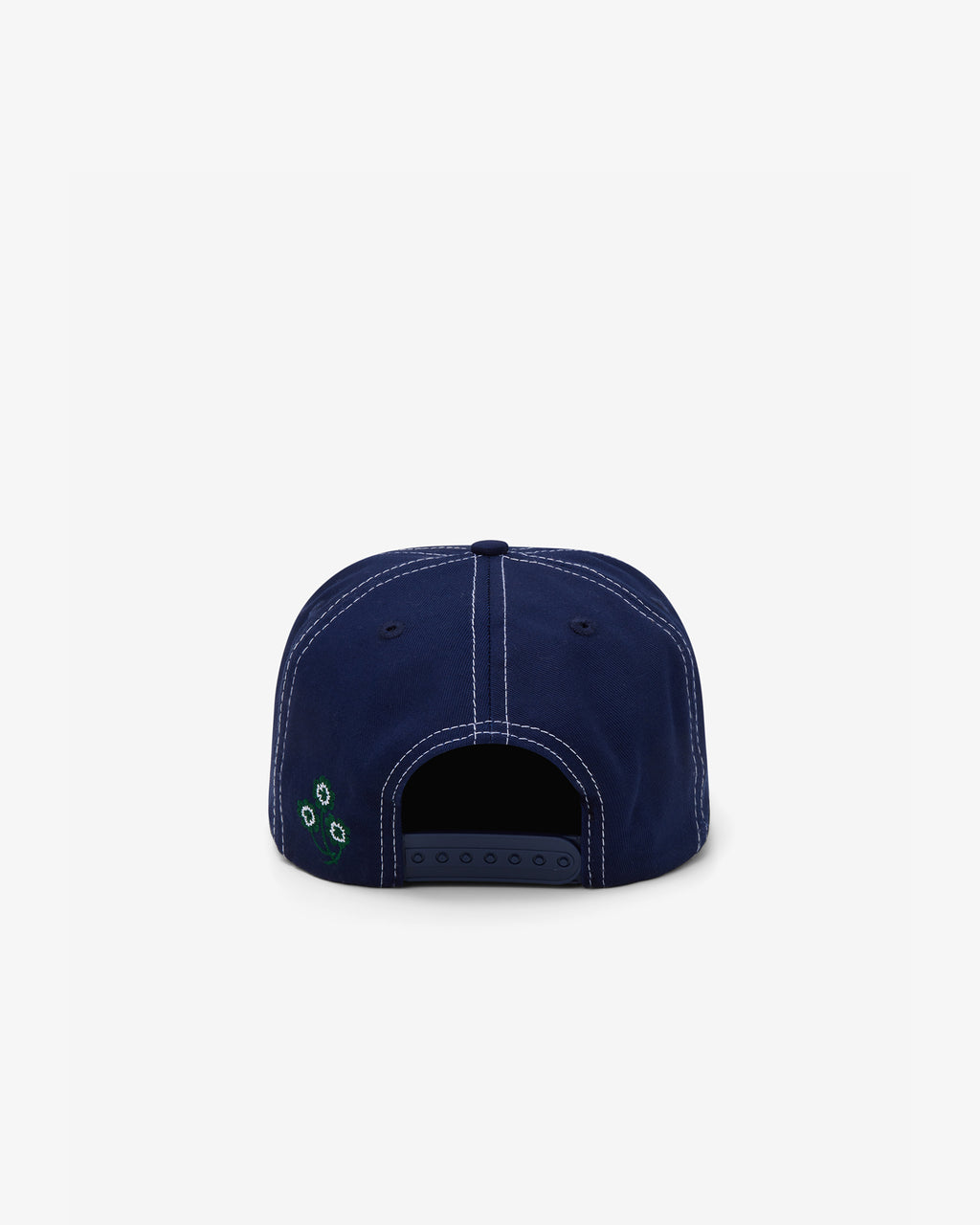 Brotherwolf Calligraphy Cap in navy, back view with clover logo